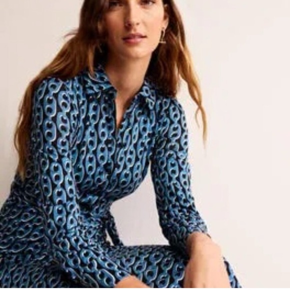 Boden Laura Jersey‎ Midi Shirt Dress Blue Geometric Print Belted Long Sleeve  2P - Picture 2 of 12